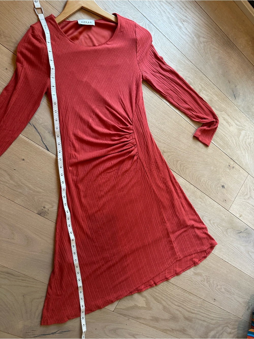 Gilli Red Long Sleeve Ruched Side Ribbed Dress
